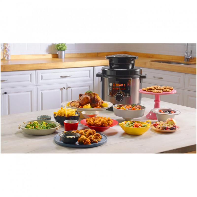 Pressure Cooker Tefal Turbo Cuisine & Fry CY778830, 70 kPa, 1200W, 7.6 l, 15 προγράμματα, Αντικολλητική επίστρωση, Διατήρηση θερμότητας, Ψηφιακός έλεγχος, Μαύρο