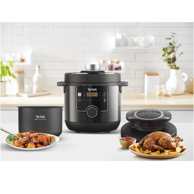 Pressure Cooker Tefal Turbo Cuisine & Fry CY778830, 70 kPa, 1200W, 7.6 l, 15 προγράμματα, Αντικολλητική επίστρωση, Διατήρηση θερμότητας, Ψηφιακός έλεγχος, Μαύρο