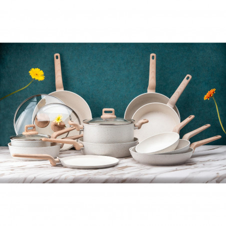 Τηγάνι με καπάκι Oliver Voltz Nice OV54419E26CD, 26x7 cm, Μαρμάρινη επίστρωση, Επαγωγική εστία, Κρεμ χρώμα