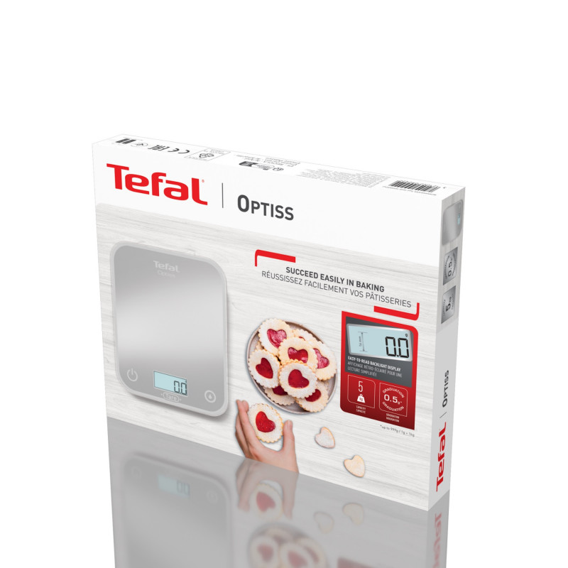 Ζυγαριά κουζίνας Tefal Optiss BC50U4V0, Έως 5 κιλά, ΤΑΡΑ, LCD, Γυαλί, Μεγάλα ψηφία, Ασημί