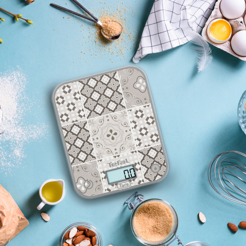 Ζυγαριά κουζίνας Tefal Optiss BC50D6V0, Έως 5 κιλά, ΤΑΡΑ, LCD, Γυαλί, Μεγάλα ψηφία, Γκρι/διακοσμητικό σχέδιο