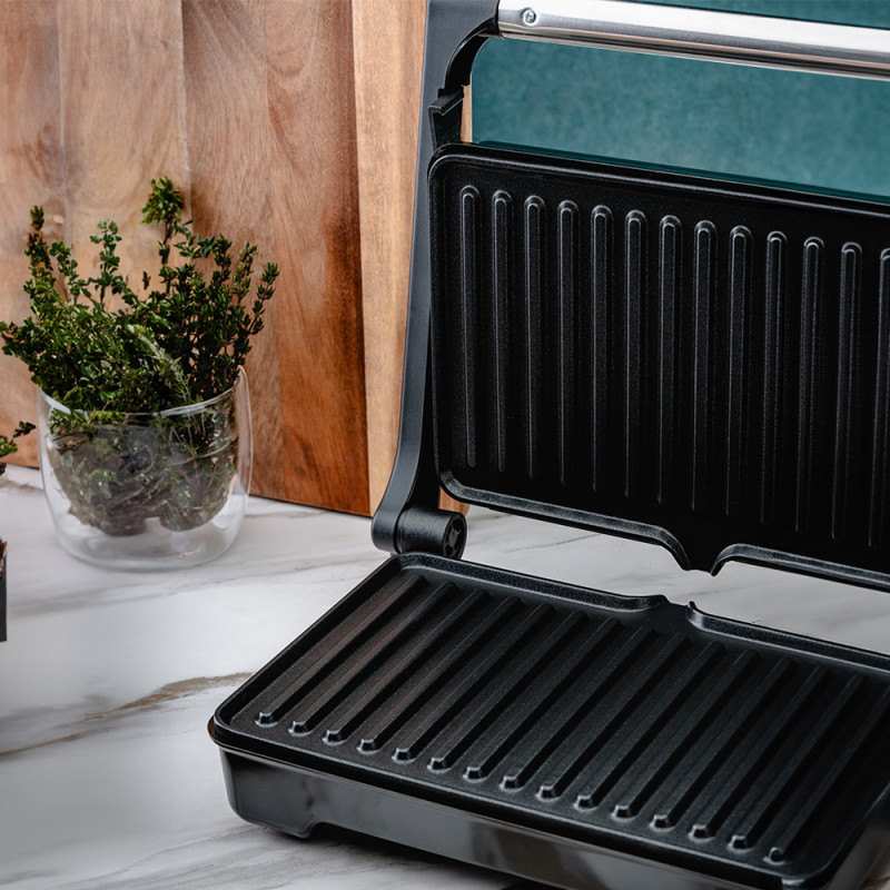 Ηλεκτρική γκριλιέρα Rosberg R51442I, 1500W, 180° άνοιγμα πλάκας, Αντικολλητική,Δίσκος για τα λίπη, Ανοξείδωτο/μαύρο