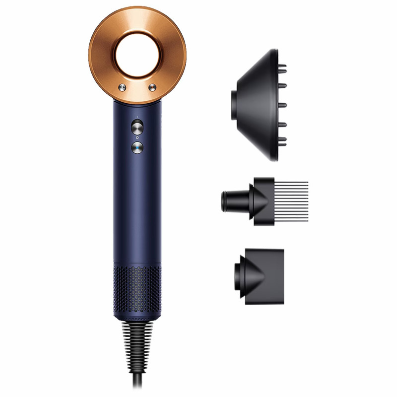 Στεγνωτήρας μαλλιών Dyson Supersonic HD07 Pbu/Rco 113312-01, 1600W, 3 ταχύτητες, 4 θερμοκρασίες, Cool shot, 110 000 στροφές/λεπτό, Ιονισμός, Αξεσουάρ, Μπλε/Χάλκινο