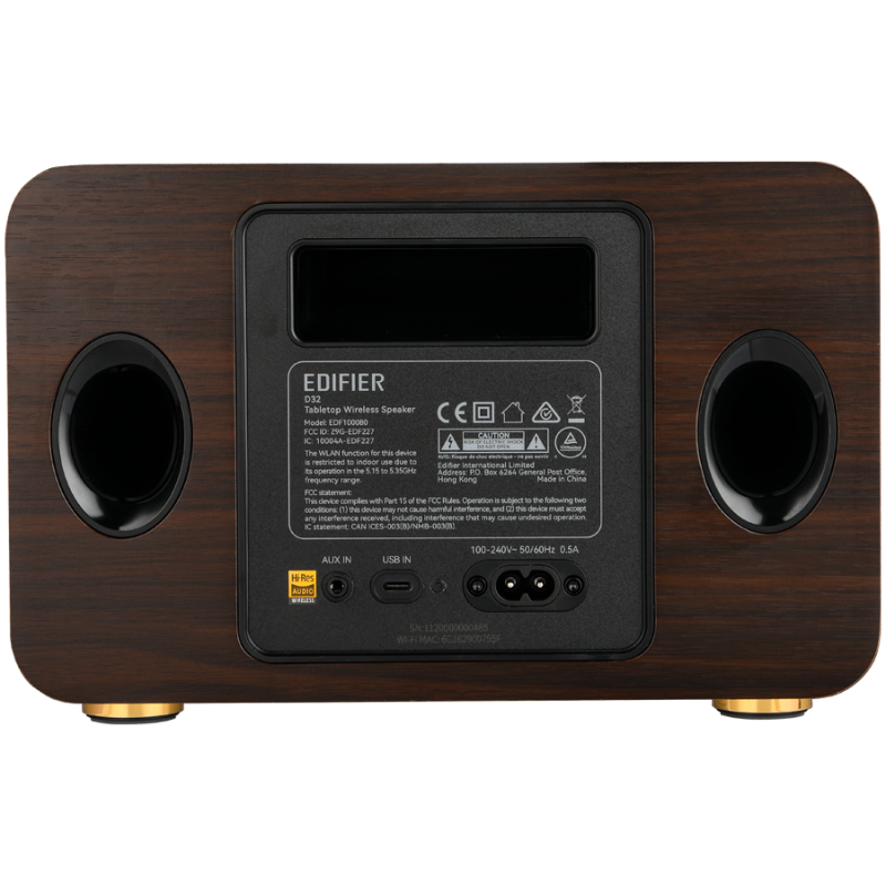 Ηχείο Edifier D32 BL-WALNUT, 60W, 11 ώρες, Hi-Res Audio/Wireless, Bluetooth 5.3, Wi-Fi, Apple Airplay2, DRC, DSP,  Ξύλινο περίβλημα, Μαύρο καρυδιά/καφέ