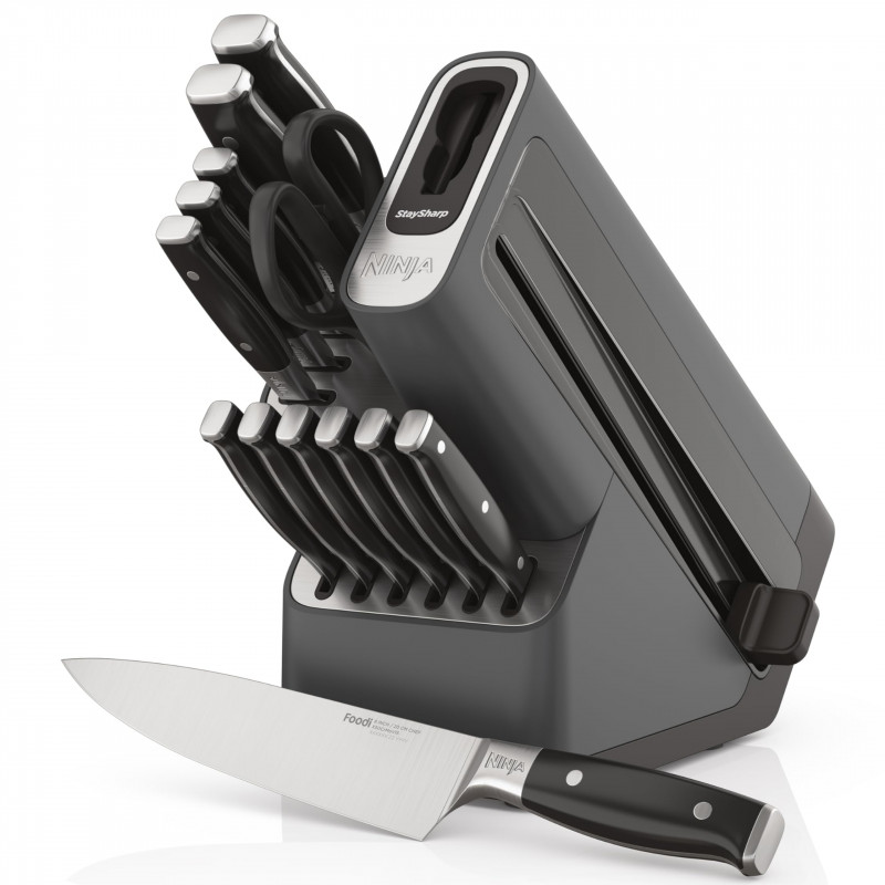 Σετ μαχαιριών κουζίνας με ακονιστήρι Ninja K32014EUUK, 6 τεμαχίων, StaySharp, Εργονομικός σχεδιασμός, Ασημί/μαύρο