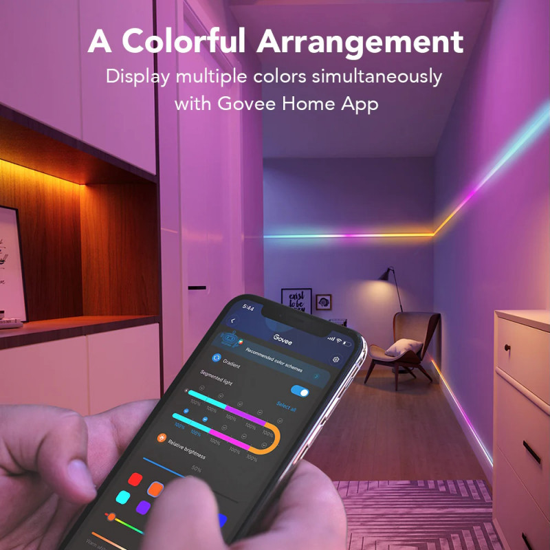Έξυπνη λωρίδα LED Govee RGBIC H612ACD1, 24 W, 5 m, RGBICW, 120 LED, Bluetooth, Wi-Fi, μαύρο