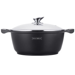 Βαθιά κατσαρόλα Royalty Line RL-BS30ML, 30 cm, 7 l, Αντικολλητική επίστρωση μαρμάρου, Γυάλινο καπάκι, Χωρίς PFOA, Επαγωγική, Μαύρο