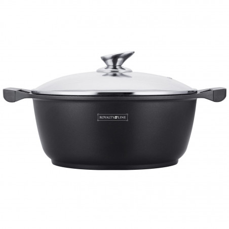 Βαθιά κατσαρόλα Royalty Line RL-BS30ML, 30 cm, 7 l, Αντικολλητική επίστρωση μαρμάρου, Γυάλινο καπάκι, Χωρίς PFOA, Επαγωγική, Μαύρο