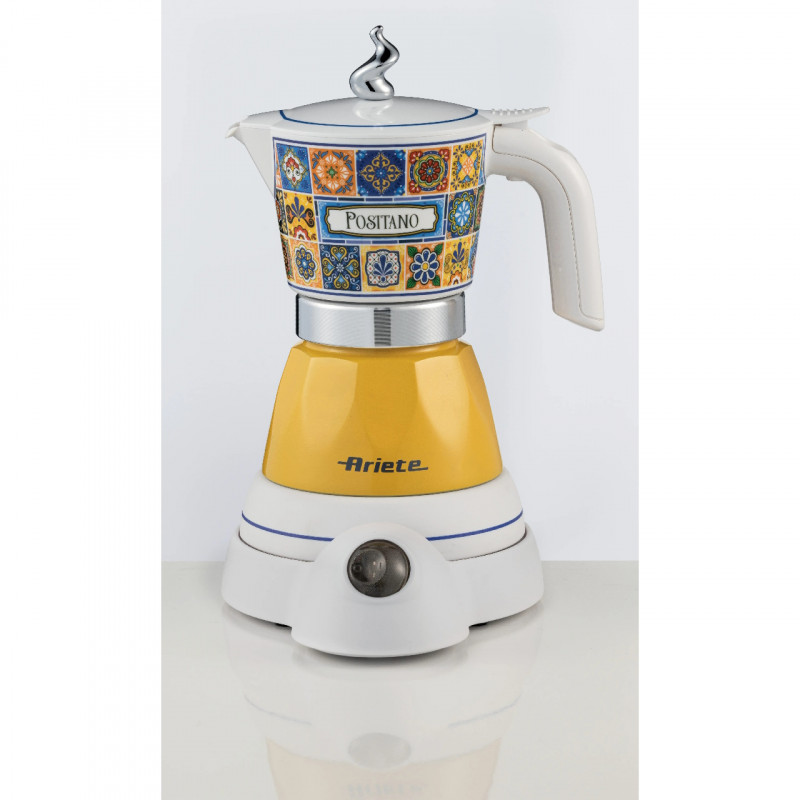 Ηλεκτρική καφετιέρα Ariete Moka Vintage Positano 1358/1P, 400W, 4 φλιτζάνια, Ασύρματη χρήση, Βάση που περιστρέφεται 360 μοίρες, Λευκό/Κίτρινο