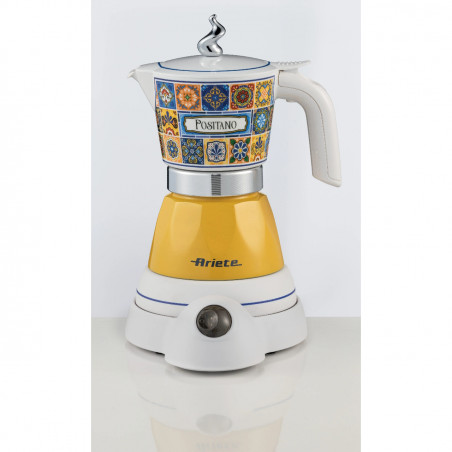 Ηλεκτρική καφετιέρα Ariete Moka Vintage Positano 1358/1P, 400W, 4 φλιτζάνια, Ασύρματη χρήση, Βάση που περιστρέφεται 360 μοίρες, Λευκό/Κίτρινο