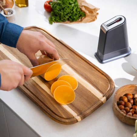 Μαχαίρι κουζίνας Tefal K297S244, 20 cm, Ανοξείδωτο ατσάλι, Βάση με ενσωματωμένο ακονιστήρι, Προστατευτικό για τα δάχτυλα, Μαύρο