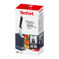 Μαχαίρι κουζίνας Tefal K297S244, 20 cm, Ανοξείδωτο ατσάλι, Βάση με ενσωματωμένο ακονιστήρι, Προστατευτικό για τα δάχτυλα, Μαύρο