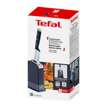 Μαχαίρι κουζίνας Tefal K297S244, 20 cm, Ανοξείδωτο ατσάλι, Βάση με ενσωματωμένο ακονιστήρι, Προστατευτικό για τα δάχτυλα, Μαύρο