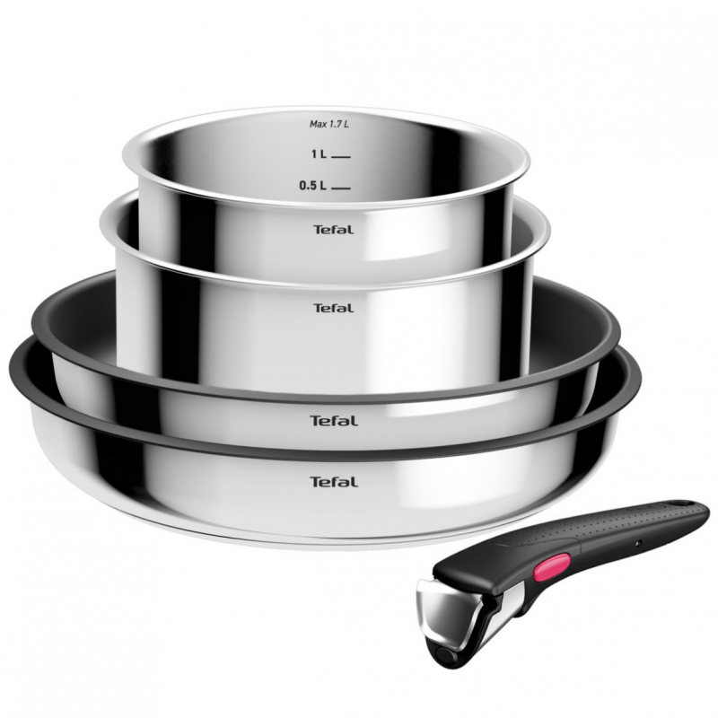 Σετ τηγάνια και κατσαρόλες Tefal L881S504, 5 τεμάχια, Ανοξείδωτο ατσάλι, Αντικολλητική επίστρωση τιτανίου, Φούρνος έως 250°C, Αφαιρούμενη λαβή, Επαγωγική εστία, Ανοξείδωτο