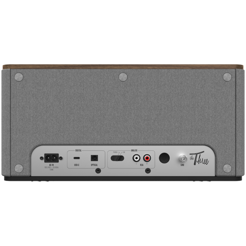 Ηχείο Klipsch The Three Plus Walnut, 120W, 2.1, 45Hz, USB+USB-C, Type-A, RCA, Bluetooth, εφαρμογή για κινητά, Ξύλο καρυδιάς/γκρι