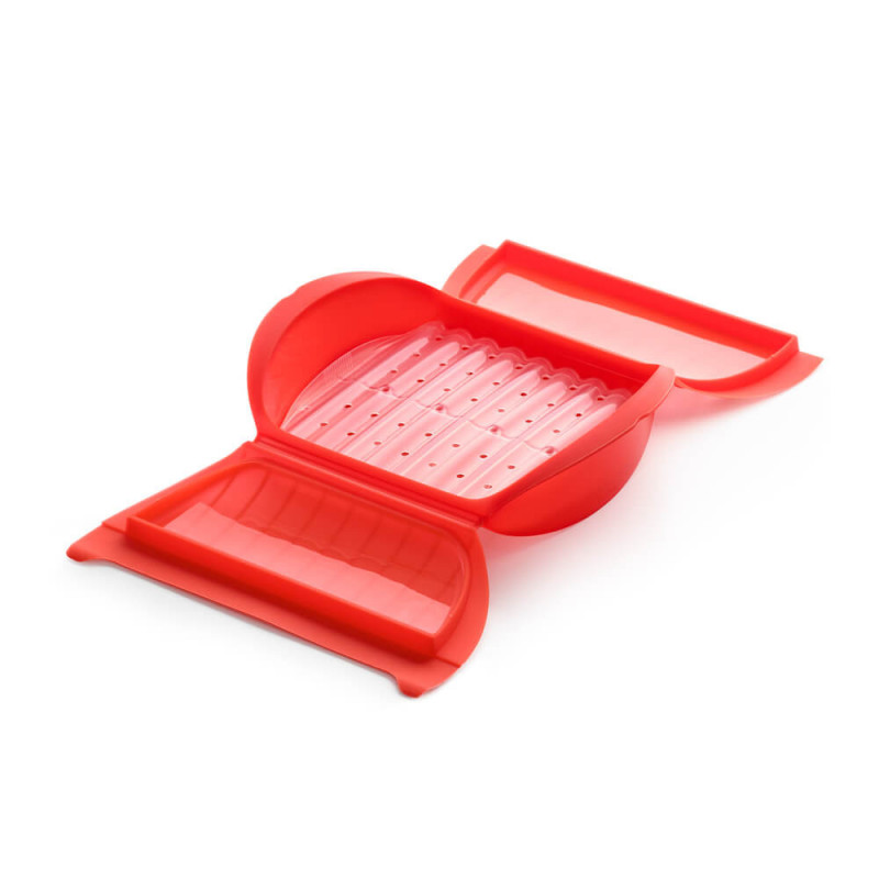 Ατμομάγειρας μικροκυμάτων με σχάρα Lekue 1009026, 1,4 λίτρα, 3-4 μερίδες, σιλικόνη Platinum, Κόκκινο