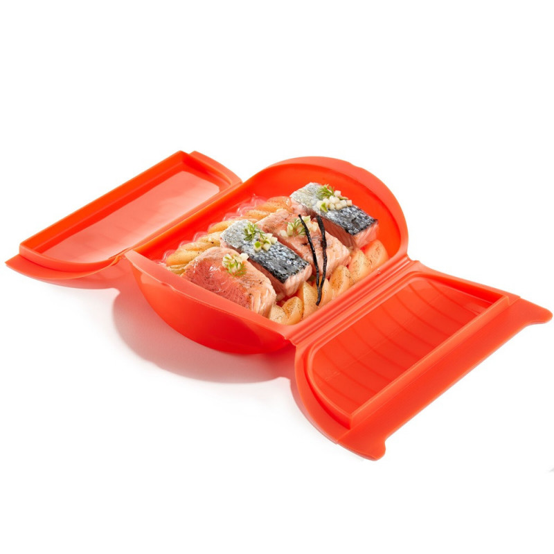 Ατμομάγειρας μικροκυμάτων με σχάρα Lekue 1009026, 1,4 λίτρα, 3-4 μερίδες, σιλικόνη Platinum, Κόκκινο