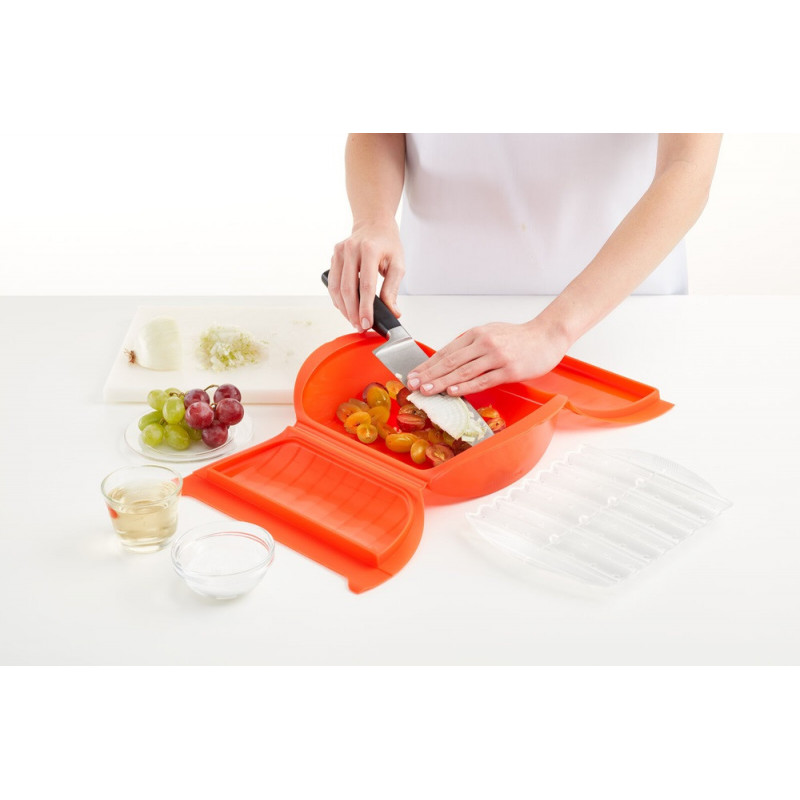 Ατμομάγειρας μικροκυμάτων με σχάρα Lekue 1009026, 1,4 λίτρα, 3-4 μερίδες, σιλικόνη Platinum, Κόκκινο