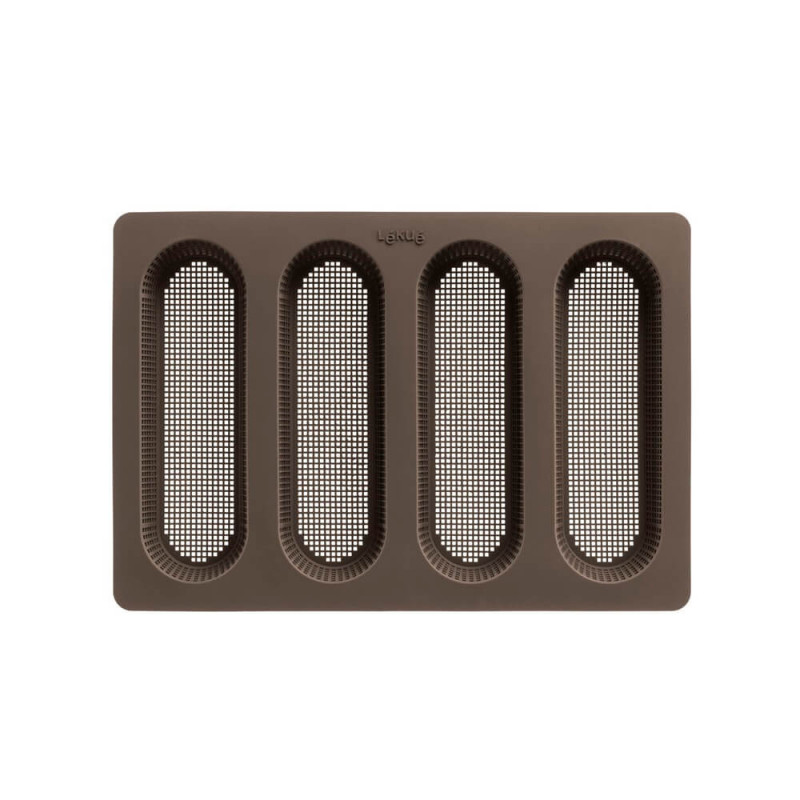 Φόρμα για ψήσιμο μπαγκέτας Lekue 1009039, 29x20x2 εκ., 600 ml, 4 διαμερίσματα, πλατινένιο σιλικόνη, από -60 έως +220C, καφέ