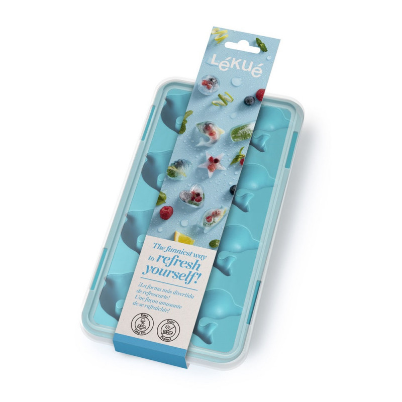 Μορφή για πάγο με καπάκι Lekue 1009042, 22x11x2,3 cm, 11 δελφίνια, -40 +60°C, μπλε