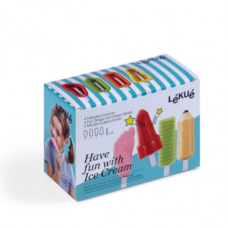 Σετ από 4 διαφορετικά καλούπια για παγωτό σε ξυλάκι Lekue 1009045, 220 ml, -20°C / +100°C, καπάκια, πολύχρωμα