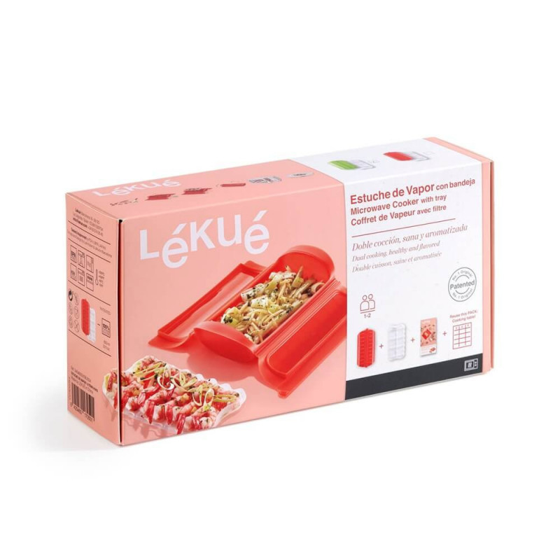 Σκεύος για μαγείρεμα στον ατμό στο φούρνο μικροκυμάτων με σχάρα Lekue 1009048, 1-2 μερίδες, πλατινένιο σιλικόνη, κόκκινο