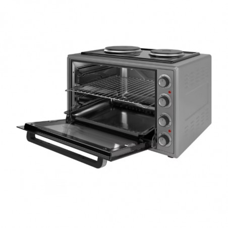 Μικρή κουζίνα Elite EMO-FL 65 2590, 2000W, 65 λίτρα, 3 λειτουργίες, 3 βαθμίδες εστίας, Διπλό τζάμι, Θερμοστάτης, Τουρμπο ανεμιστήρας, Γκρι