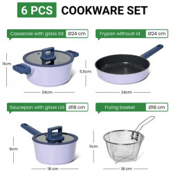 Σετ μαγειρικών σκευών Just Perfecto JL-330, 6 τεμάχια, Μαρμάρινη επίστρωση, Επαγωγική εστία, Γυάλινο καπάκι με οπή για ατμό, Μωβ/μπλε