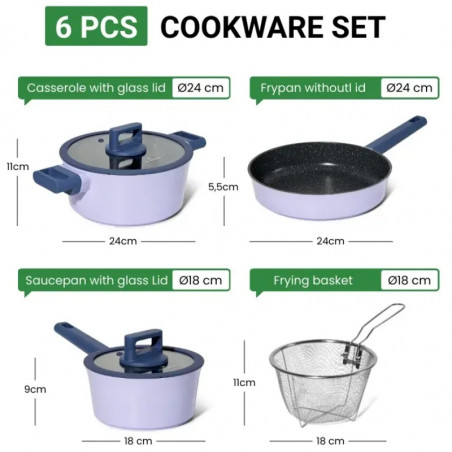 Σετ μαγειρικών σκευών Just Perfecto JL-330, 6 τεμάχια, Μαρμάρινη επίστρωση, Επαγωγική εστία, Γυάλινο καπάκι με οπή για ατμό, Μωβ/μπλε