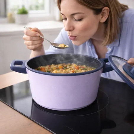 Σετ μαγειρικών σκευών Just Perfecto JL-330, 6 τεμάχια, Μαρμάρινη επίστρωση, Επαγωγική εστία, Γυάλινο καπάκι με οπή για ατμό, Μωβ/μπλε