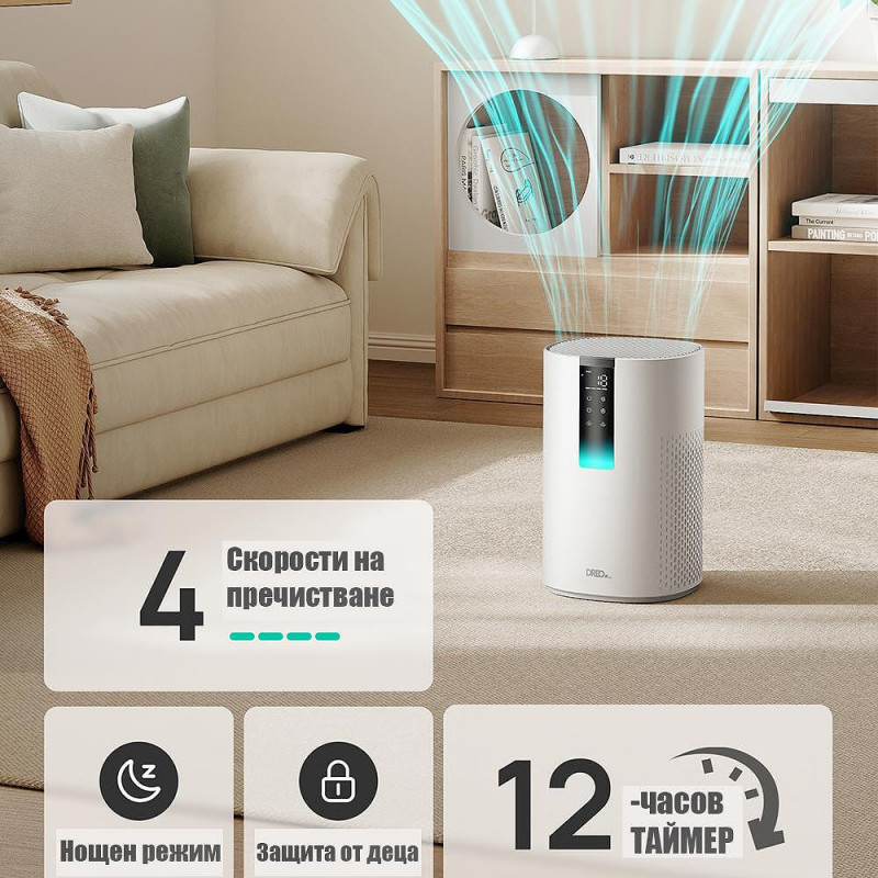 Καθαριστής αέρα DREO Macro 605S, 20 τ.μ., 202 μ.κ.α./ώρα, Wi-Fi, 4 ταχύτητες, Λειτουργία Νυχτερινή + Αυτόματη, Χρονοδιακόπτης, Παιδική ασφάλεια, Ενδείξεις LED για την ποιότητα του αέρα, Λευκό