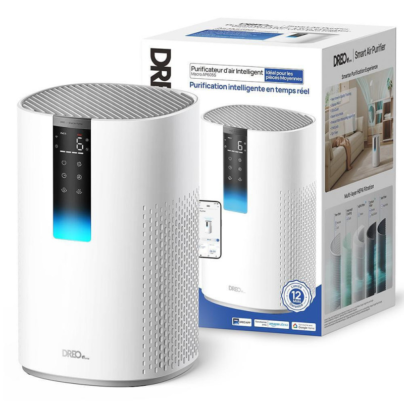 Καθαριστής αέρα DREO Macro 605S, 20 τ.μ., 202 μ.κ.α./ώρα, Wi-Fi, 4 ταχύτητες, Λειτουργία Νυχτερινή + Αυτόματη, Χρονοδιακόπτης, Παιδική ασφάλεια, Ενδείξεις LED για την ποιότητα του αέρα, Λευκό
