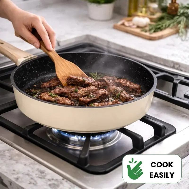 Σετ μαγειρικών σκευών Just Perfecto JL-331, 6 τεμάχια, Μαρμάρινη επίστρωση, Επαγωγική εστία, Γυάλινο καπάκι με οπή για ατμό, Μπεζ