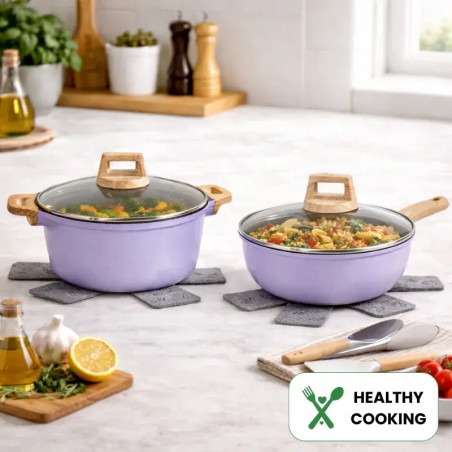 Σετ μαγειρικών σκευών Just Perfecto JL-34, 13 τεμάχια, Αλουμίνιο, Μαρμάρινη επίστρωση, Γυάλινα καπάκια με οπή για ατμό, Χωρίς PTFE και PFOA, Επαγωγική εστία, Μωβ