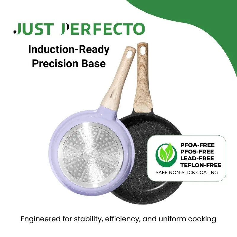 Σετ μαγειρικών σκευών Just Perfecto JL-34, 13 τεμάχια, Αλουμίνιο, Μαρμάρινη επίστρωση, Γυάλινα καπάκια με οπή για ατμό, Χωρίς PTFE και PFOA, Επαγωγική εστία, Μωβ