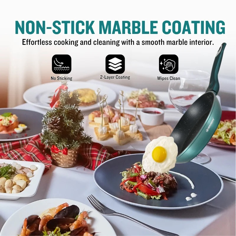 Σετ μαγειρικών σκευών Herzberg HG-METBL15, 13 τεμάχια, Αλουμίνιο 3003, Μαρμάρινη επίστρωση, Γυάλινα καπάκια με οπές για τον ατμό, Επαγωγική εστία, Μέντα πράσινο