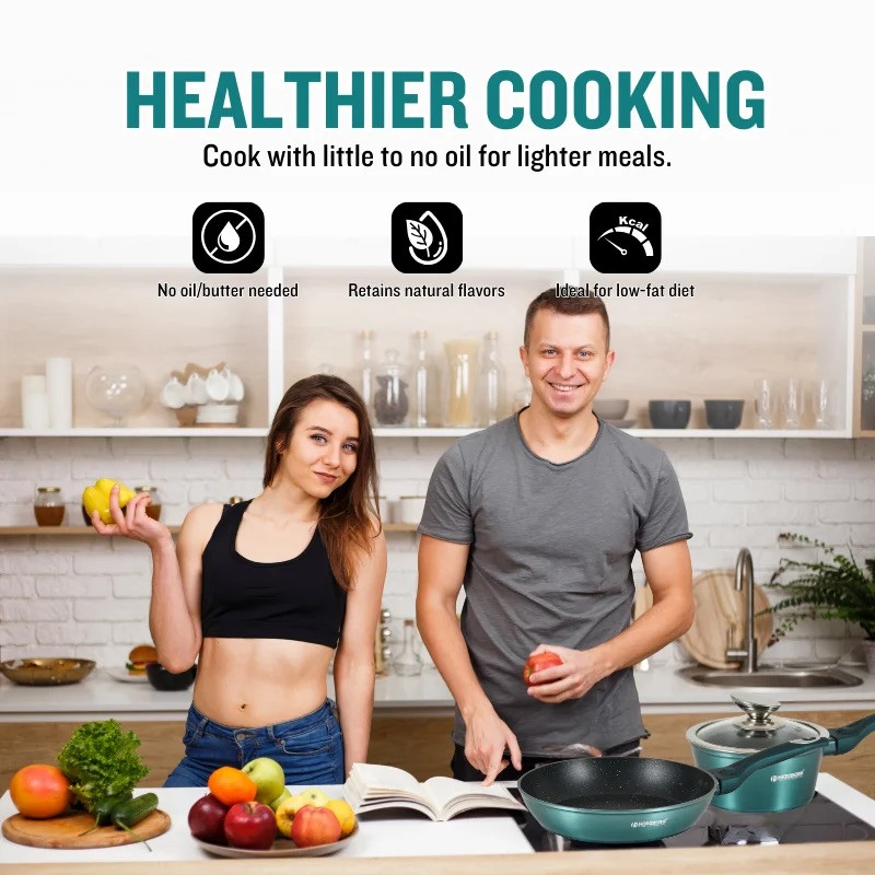 Σετ μαγειρικών σκευών Herzberg HG-METBL15, 13 τεμάχια, Αλουμίνιο 3003, Μαρμάρινη επίστρωση, Γυάλινα καπάκια με οπές για τον ατμό, Επαγωγική εστία, Μέντα πράσινο