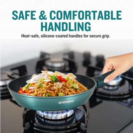 Σετ μαγειρικών σκευών Herzberg HG-METBL15, 13 τεμάχια, Αλουμίνιο 3003, Μαρμάρινη επίστρωση, Γυάλινα καπάκια με οπές για τον ατμό, Επαγωγική εστία, Μέντα πράσινο