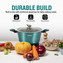 Σετ μαγειρικών σκευών Herzberg HG-METBL15, 13 τεμάχια, Αλουμίνιο 3003, Μαρμάρινη επίστρωση, Γυάλινα καπάκια με οπές για τον ατμό, Επαγωγική εστία, Μέντα πράσινο