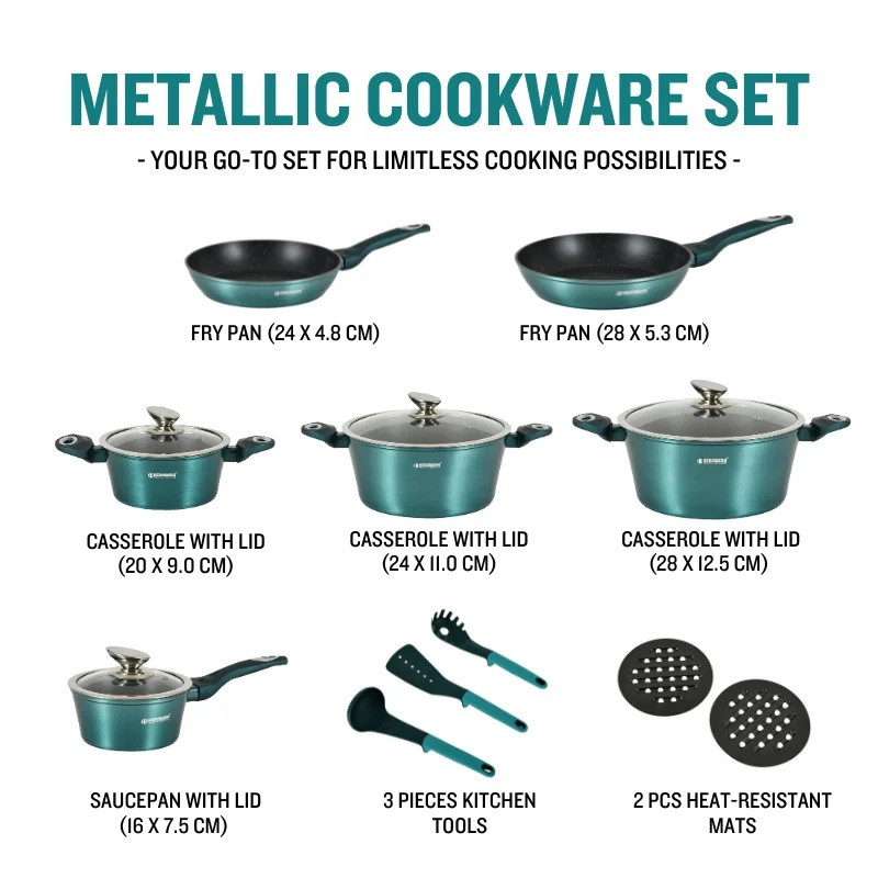 Σετ μαγειρικών σκευών Herzberg HG-METBL15, 13 τεμάχια, Αλουμίνιο 3003, Μαρμάρινη επίστρωση, Γυάλινα καπάκια με οπές για τον ατμό, Επαγωγική εστία, Μέντα πράσινο