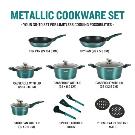 Σετ μαγειρικών σκευών Herzberg HG-METBL15, 13 τεμάχια, Αλουμίνιο 3003, Μαρμάρινη επίστρωση, Γυάλινα καπάκια με οπές για τον ατμό, Επαγωγική εστία, Μέντα πράσινο