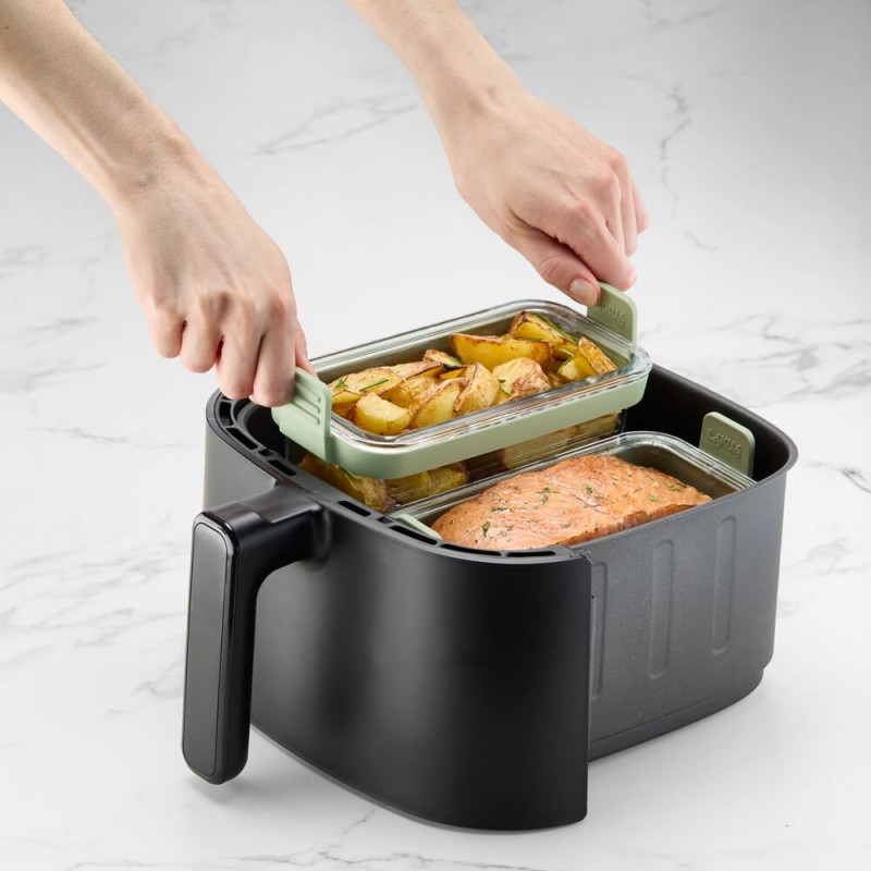 Σετ 2 τετράγωνων ταψιών Lekue 1010158, Για φριτέζα, Σιλικόνης λαβές, Βοροσιλικό γυαλί, Πράσινο