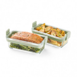 Σετ 2 τετράγωνων ταψιών Lekue 1010158, Για φριτέζα, Σιλικόνης λαβές, Βοροσιλικό γυαλί, Πράσινο