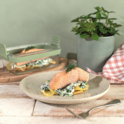 Σετ 2 τετράγωνων ταψιών Lekue 1010158, Για φριτέζα, Σιλικόνης λαβές, Βοροσιλικό γυαλί, Πράσινο