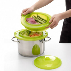 Ατμομάγειρας μικροκυμάτων Lekue 1010195, 2 επίπεδα, Συμβατό με κατσαρόλες Ø19-22 cm, Σφιχτή εφαρμογή, -60/+220°C, Σιλικόνη, Πράσινο