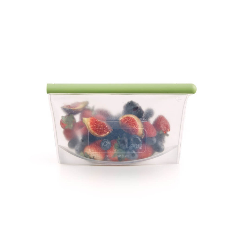 Σακούλα για αποθήκευση και κατάψυξη υγρών και τροφίμων Lekue 1010208, 500 ml, Σιλικόνη, Χωρίς διαρροές, Πεδίο για εγγραφή, Πολυλειτουργική, -60/+220°C, Πράσινη