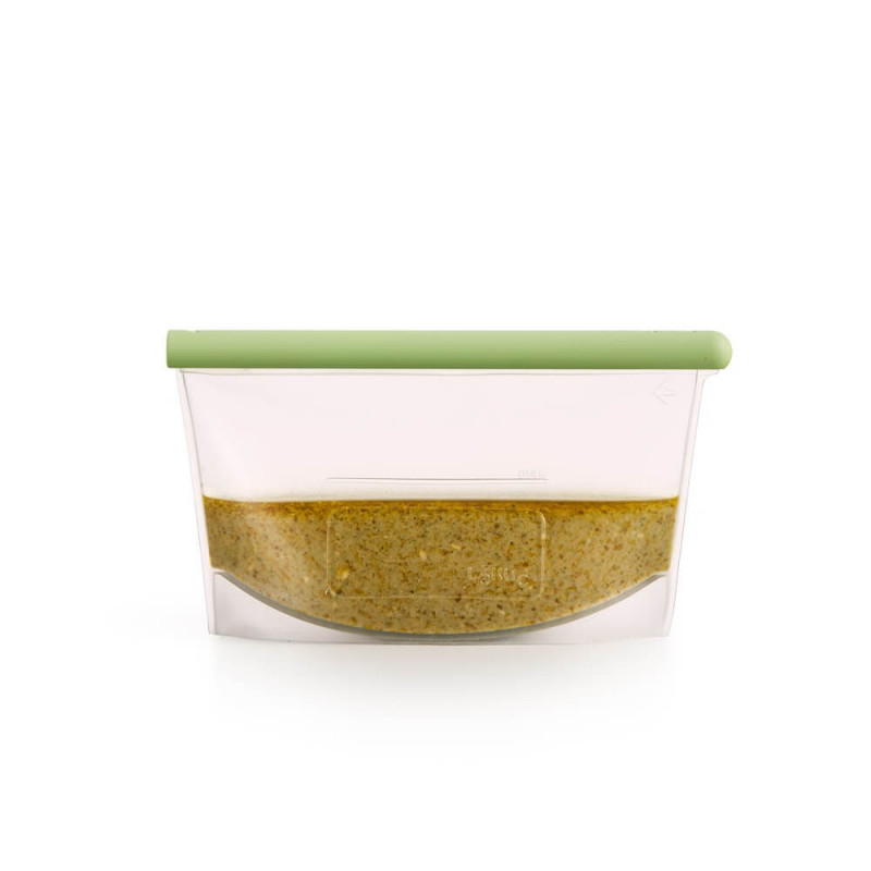 Σακούλα για αποθήκευση και κατάψυξη υγρών και τροφίμων Lekue 1010208, 500 ml, Σιλικόνη, Χωρίς διαρροές, Πεδίο για εγγραφή, Πολυλειτουργική, -60/+220°C, Πράσινη