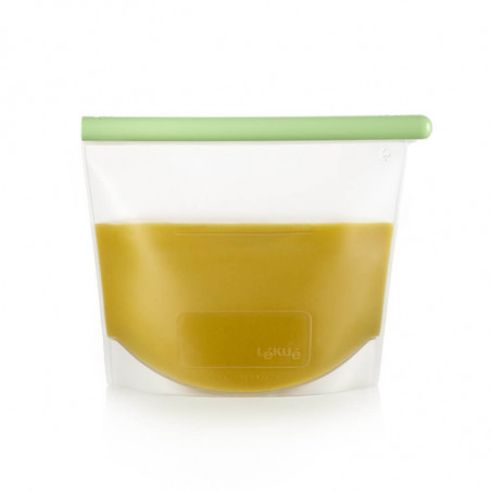 Σακούλα για αποθήκευση και κατάψυξη υγρών και τροφίμων Lekue 1010209, 1 λίτρο, σιλικόνη, χωρίς διαρροές, πεδίο για εγγραφή, πολυλειτουργική, -60/+220°C, πράσινη