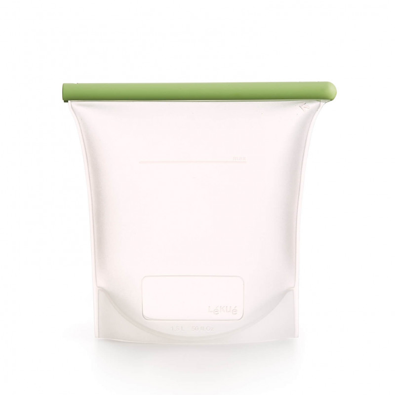 Σακούλα για αποθήκευση και κατάψυξη υγρών και τροφίμων Lekue 1010210, 1,5 l, σιλικόνη, χωρίς διαρροές, πεδίο για εγγραφή, πολυλειτουργική, -60/+220°C, πράσινη