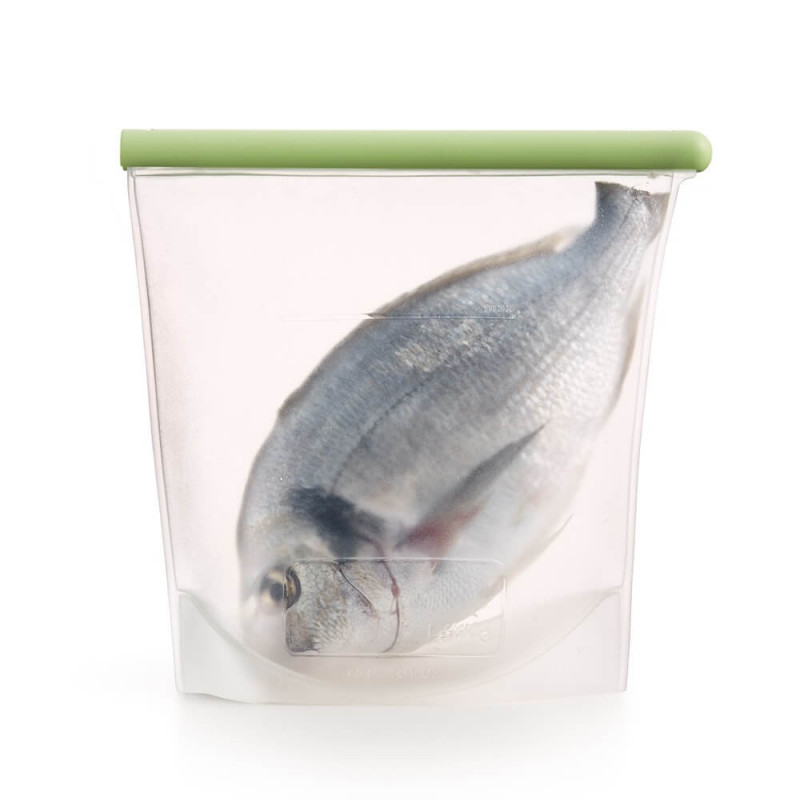 Σακούλα για αποθήκευση και κατάψυξη υγρών και τροφίμων Lekue 1010210, 1,5 l, σιλικόνη, χωρίς διαρροές, πεδίο για εγγραφή, πολυλειτουργική, -60/+220°C, πράσινη